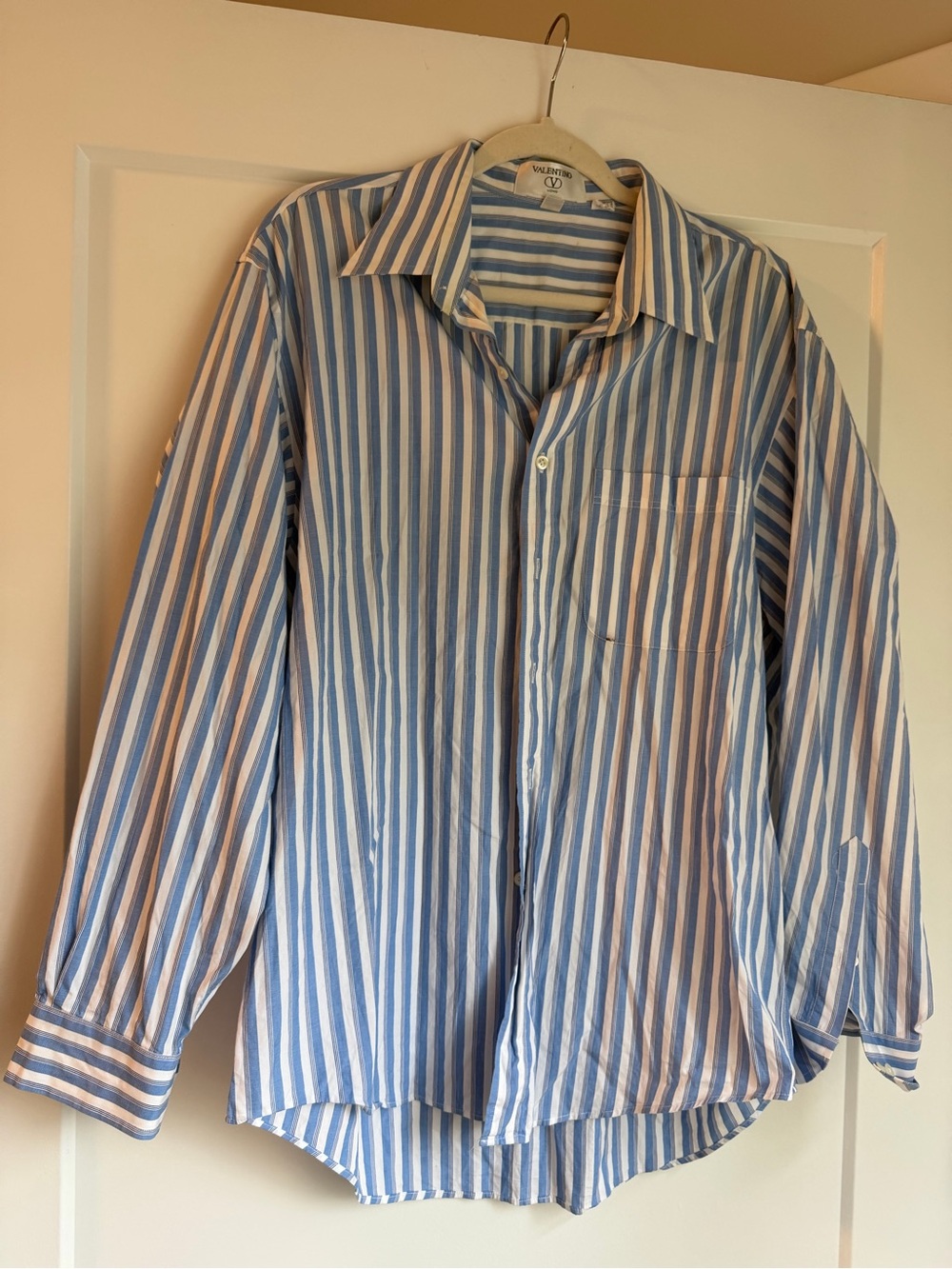 Vintage Valentino Uomo Blue White Striped Cotton Shirt 17 34-35